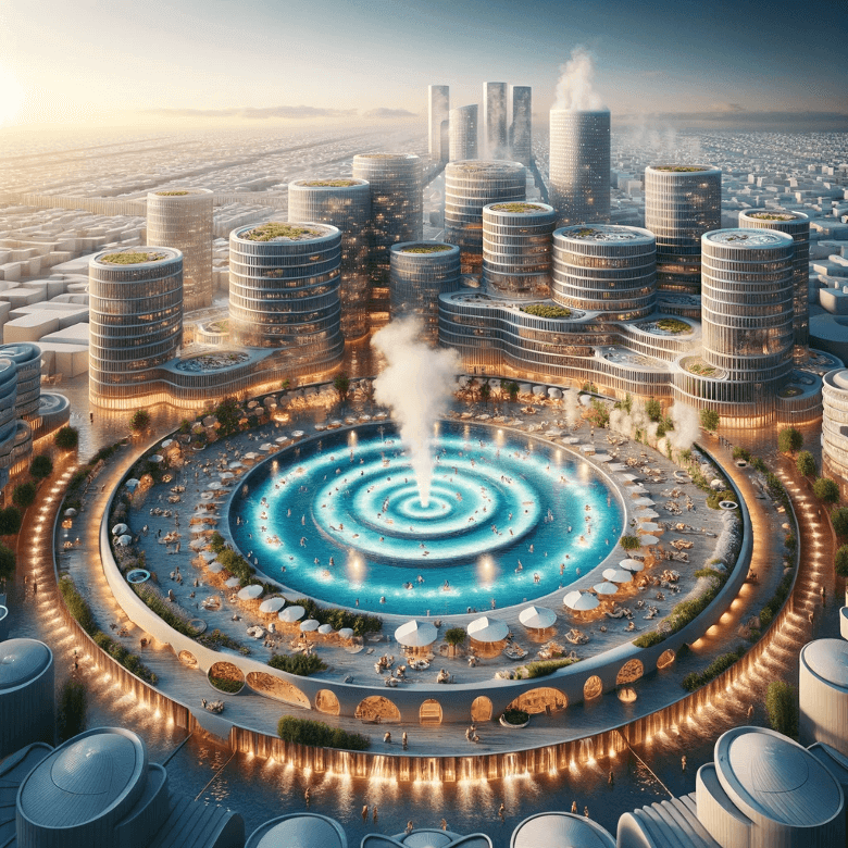 Futuristische Spalandschaft mit Whirlpools und Dampfsaunen